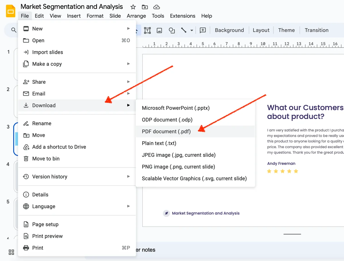 Google slides presentation to a PDF file