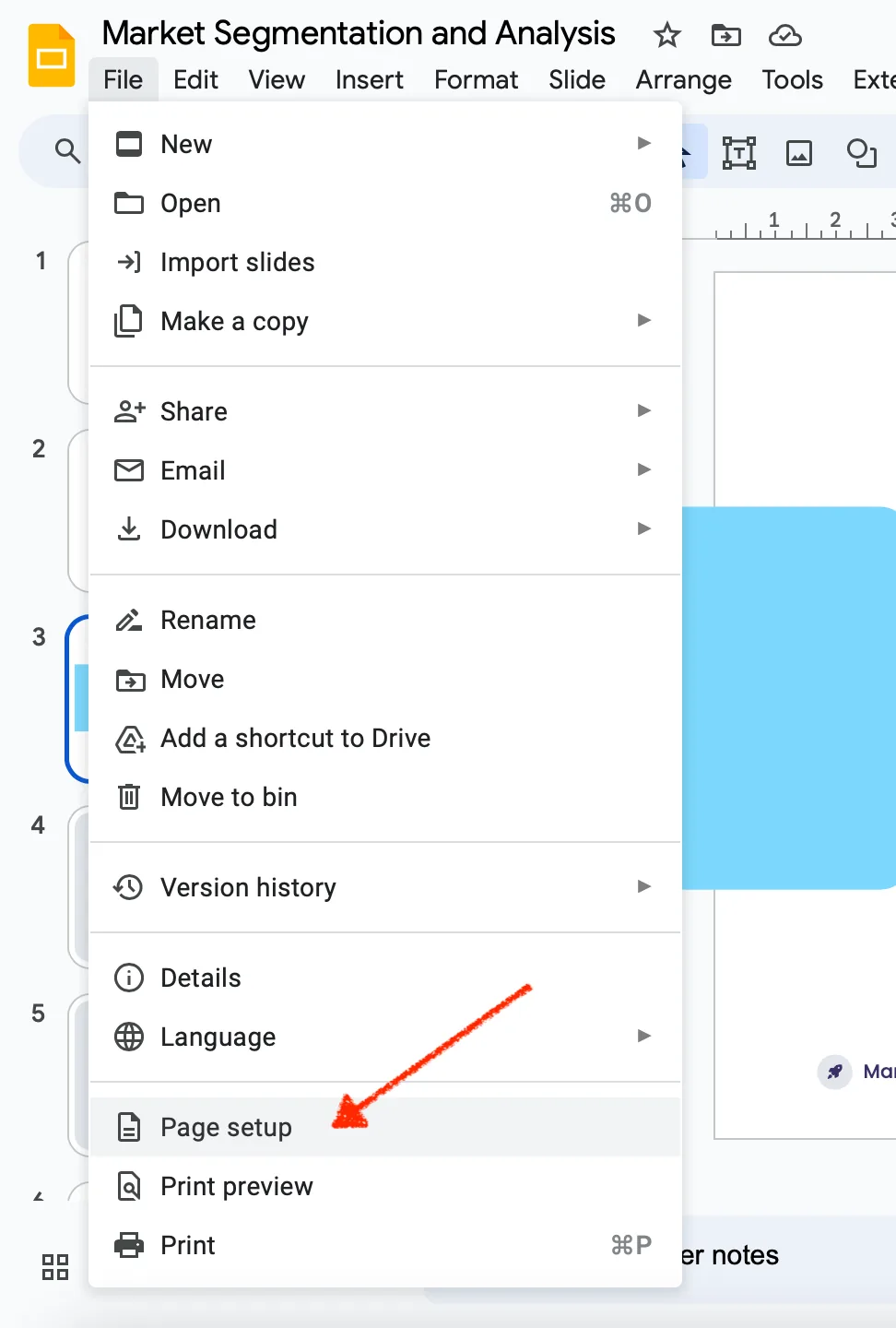 Open the Google slides page setup