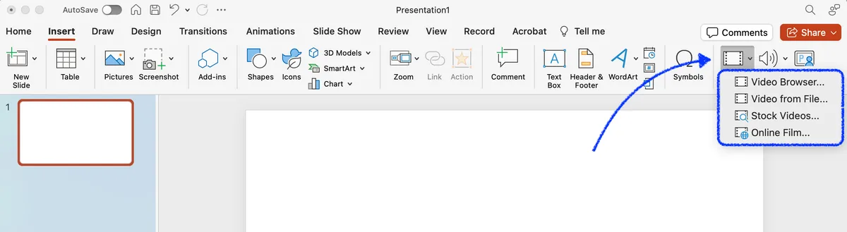 Button to insert video into presentation