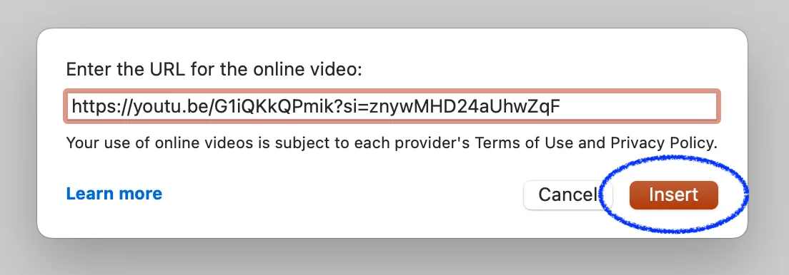 Window for inserting video URLs from the Internet into a PowerPoint presentation