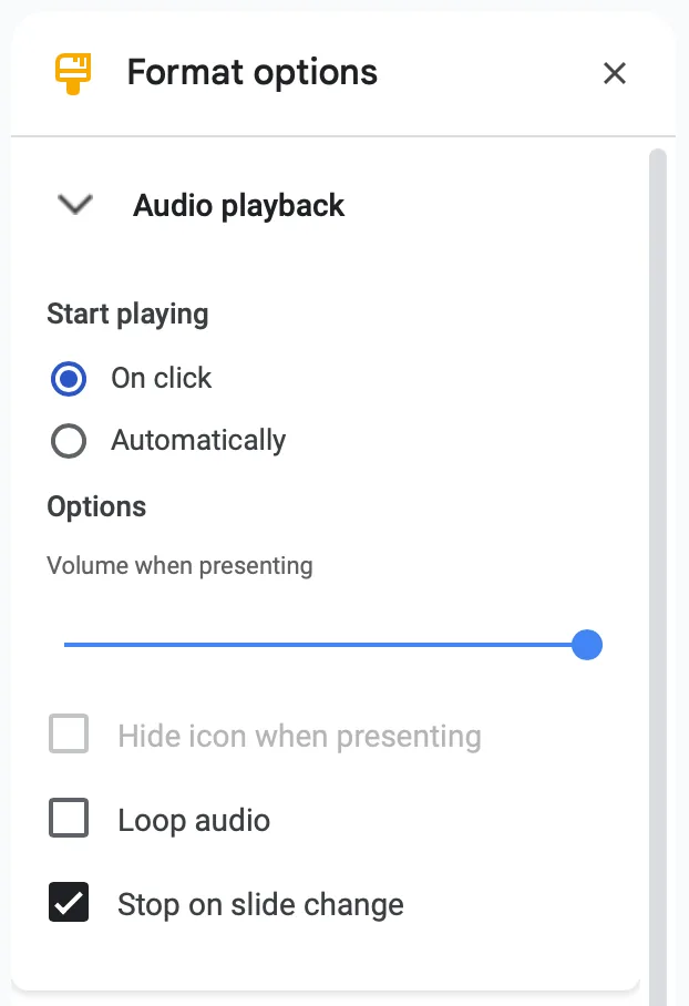 all setting options for music file in google slides presentation