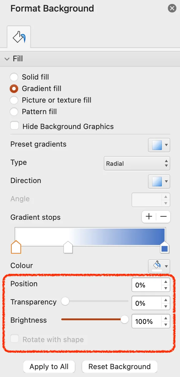 setup background ransparency-position and brightness