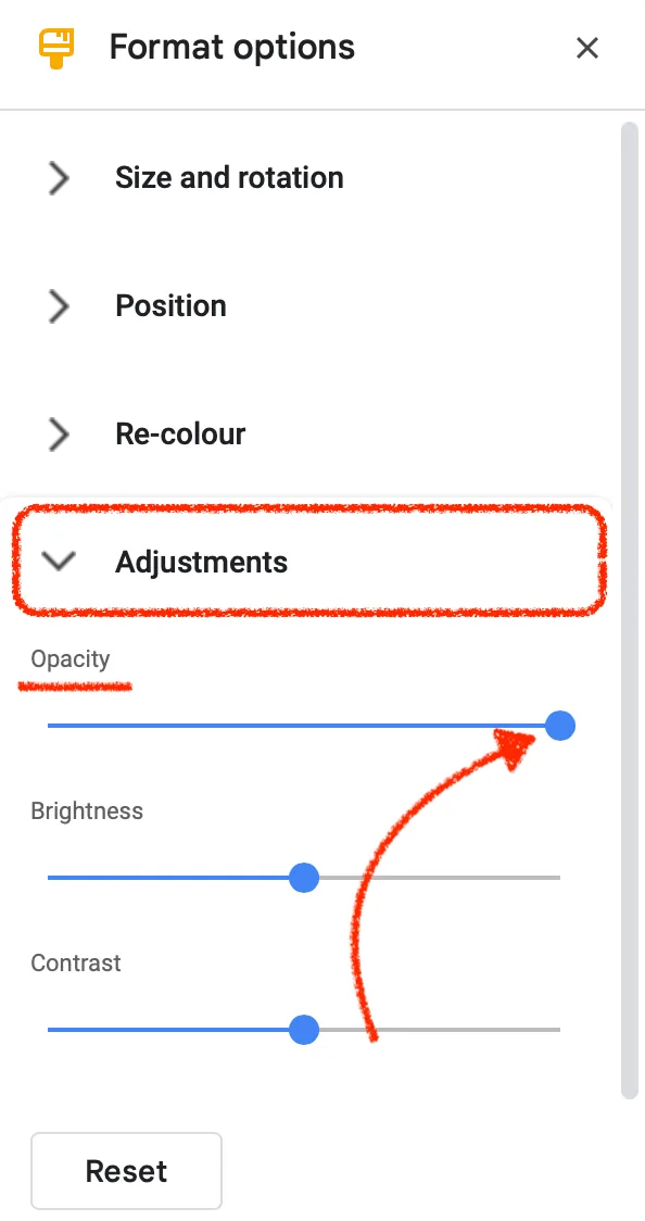 adjustment menu opacity function for image