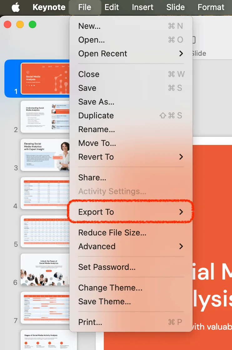 top menu file export to