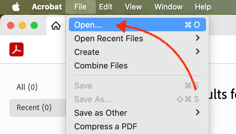 open pdf file in adobe acrobat top menu