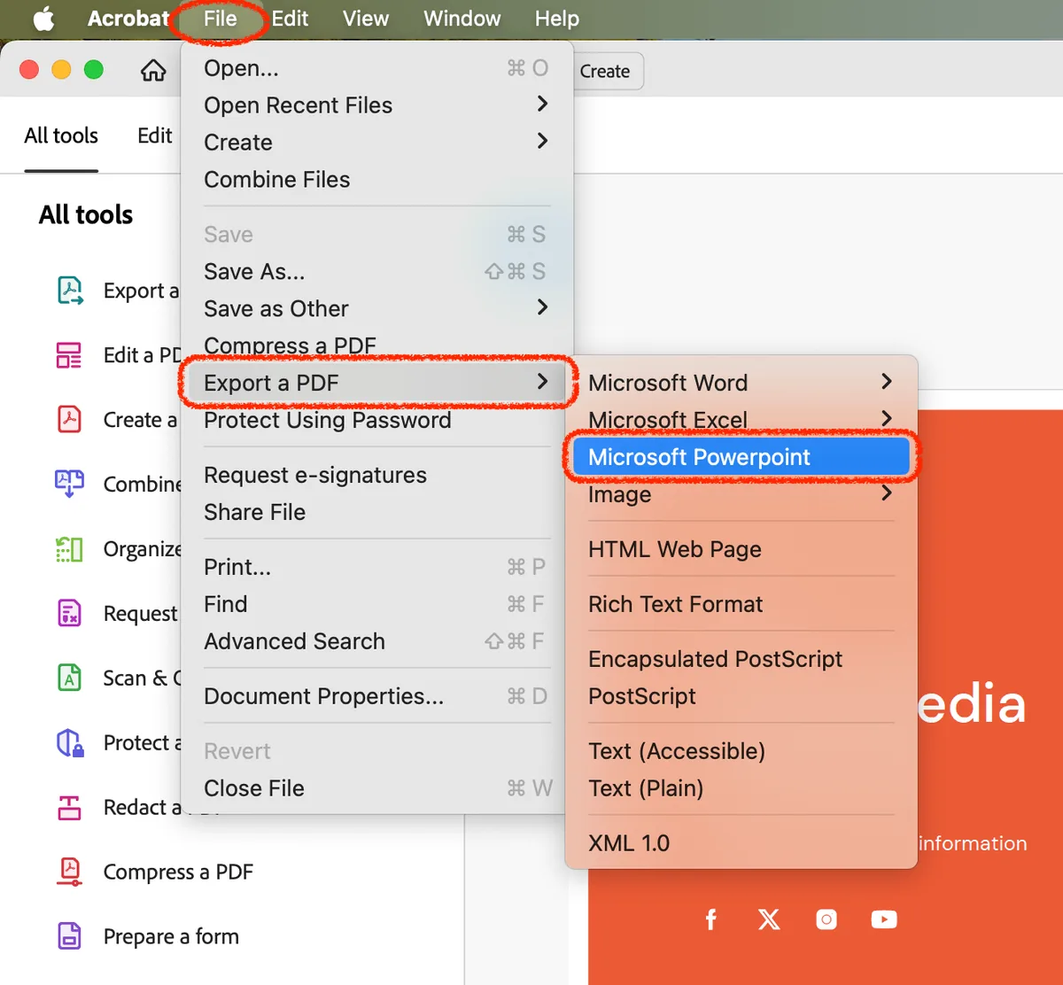 in top menu choose file export pdf and microsoft powerpoint