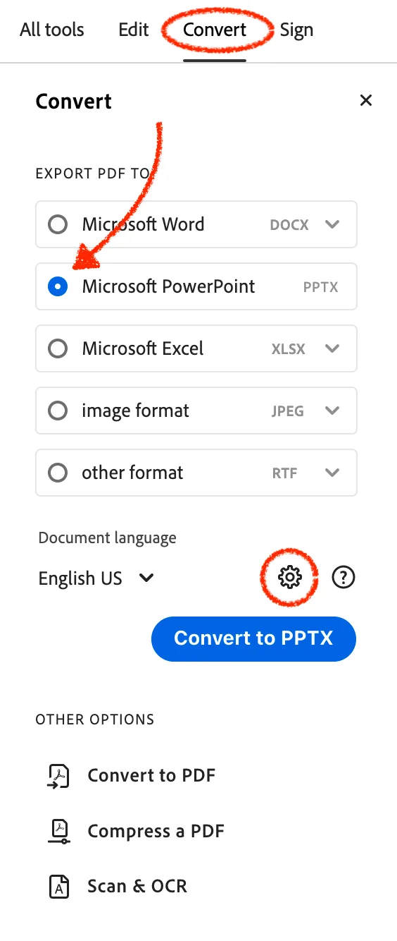 sidebar adobe acrobat with settings