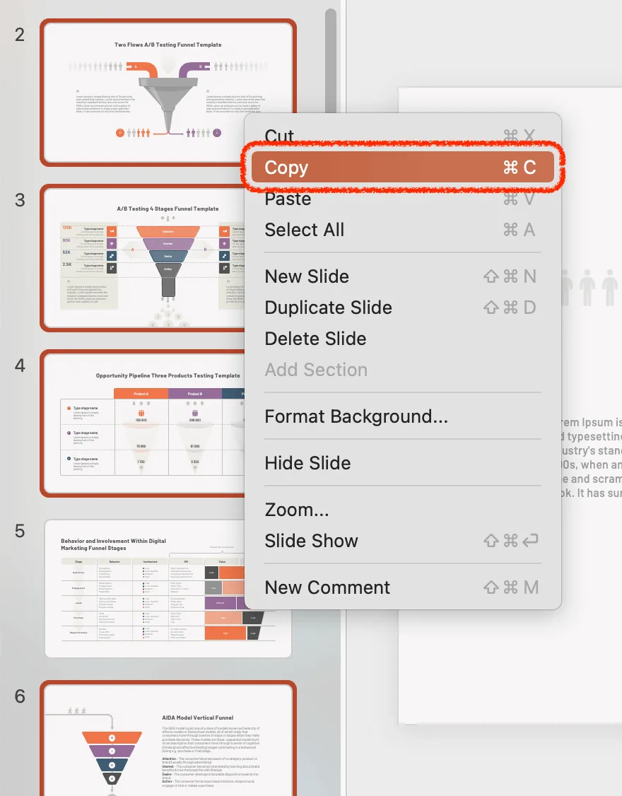 copy slides using menu