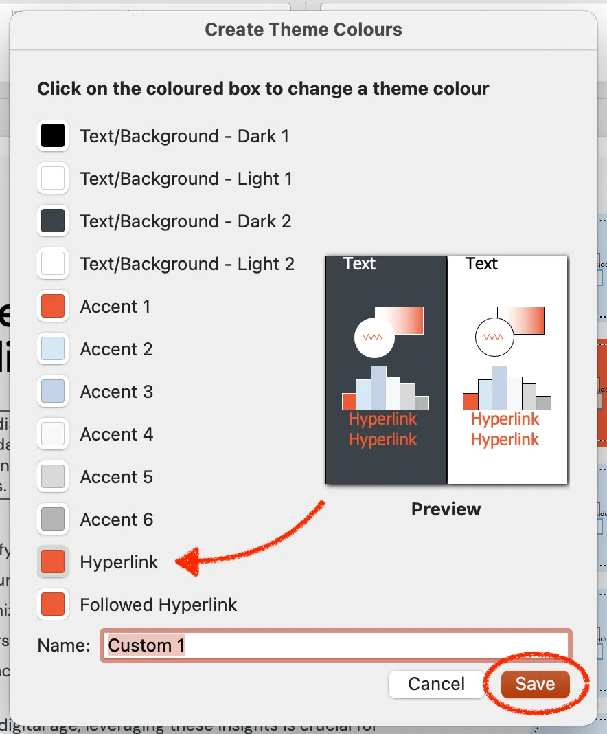 create theme colours panel color for link