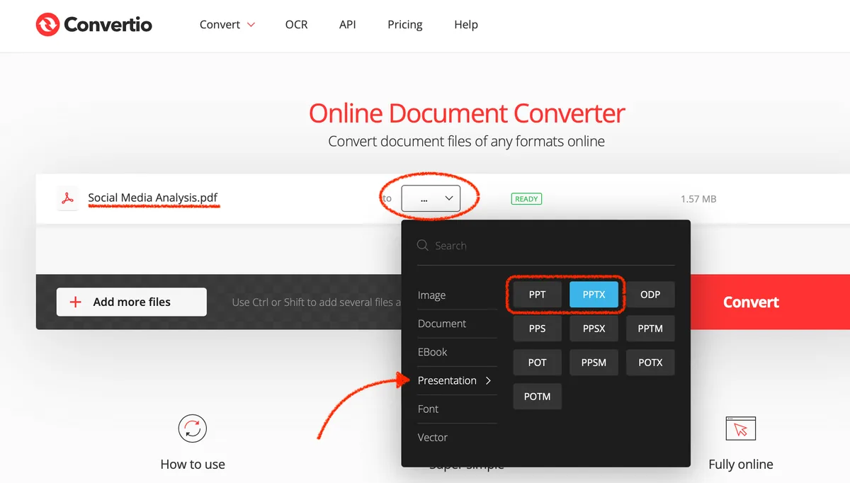 use online converter or adobe acrobat for change pdf to powerpoint presentation