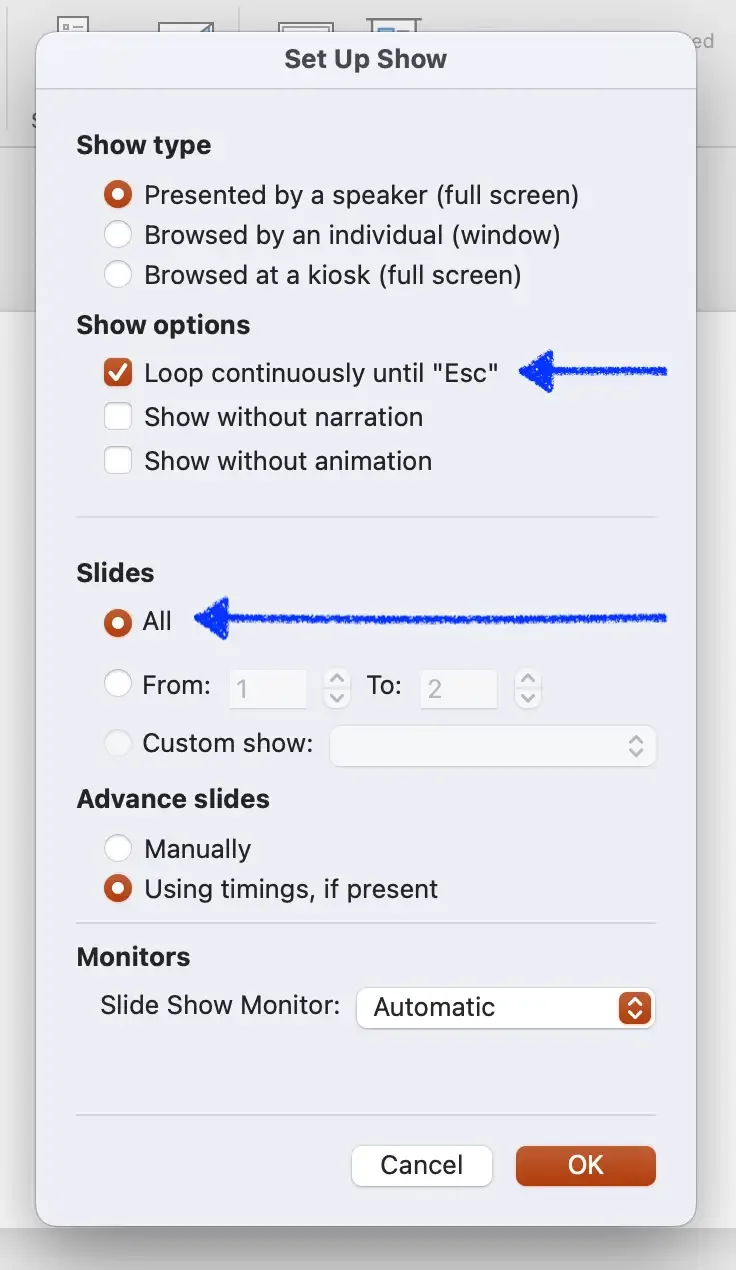 set up show pop up window with settings