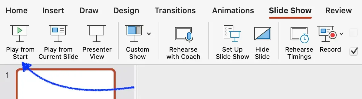 start the looping presentation from beginning