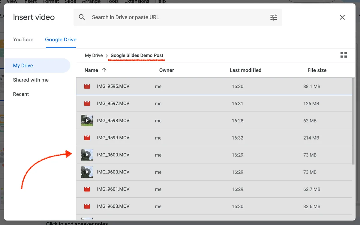 find video which you want to add to google slides