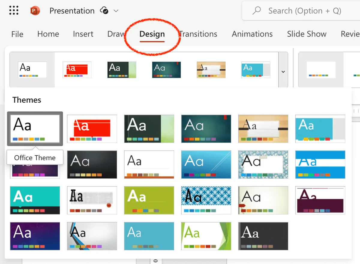design option in menu powerpoint ppt