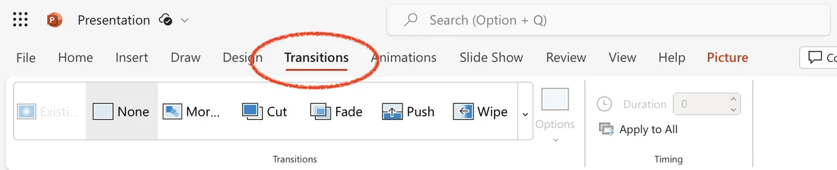 transitions options in powerpoint