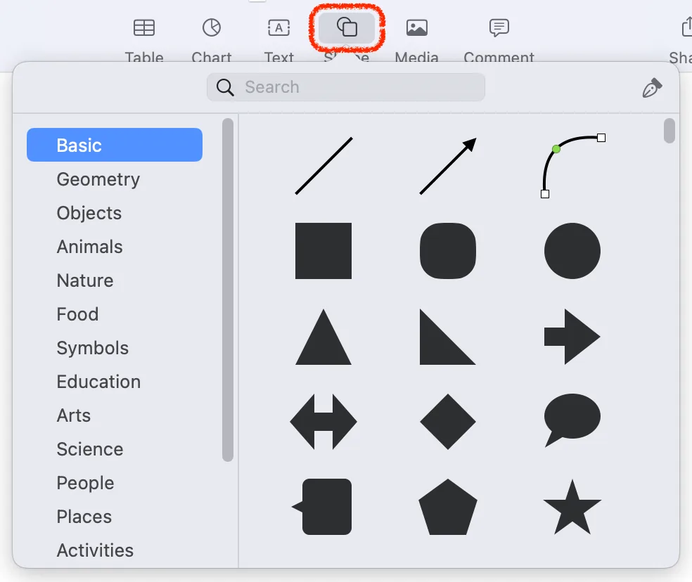 the whole keynote vector graphics library in the top menu