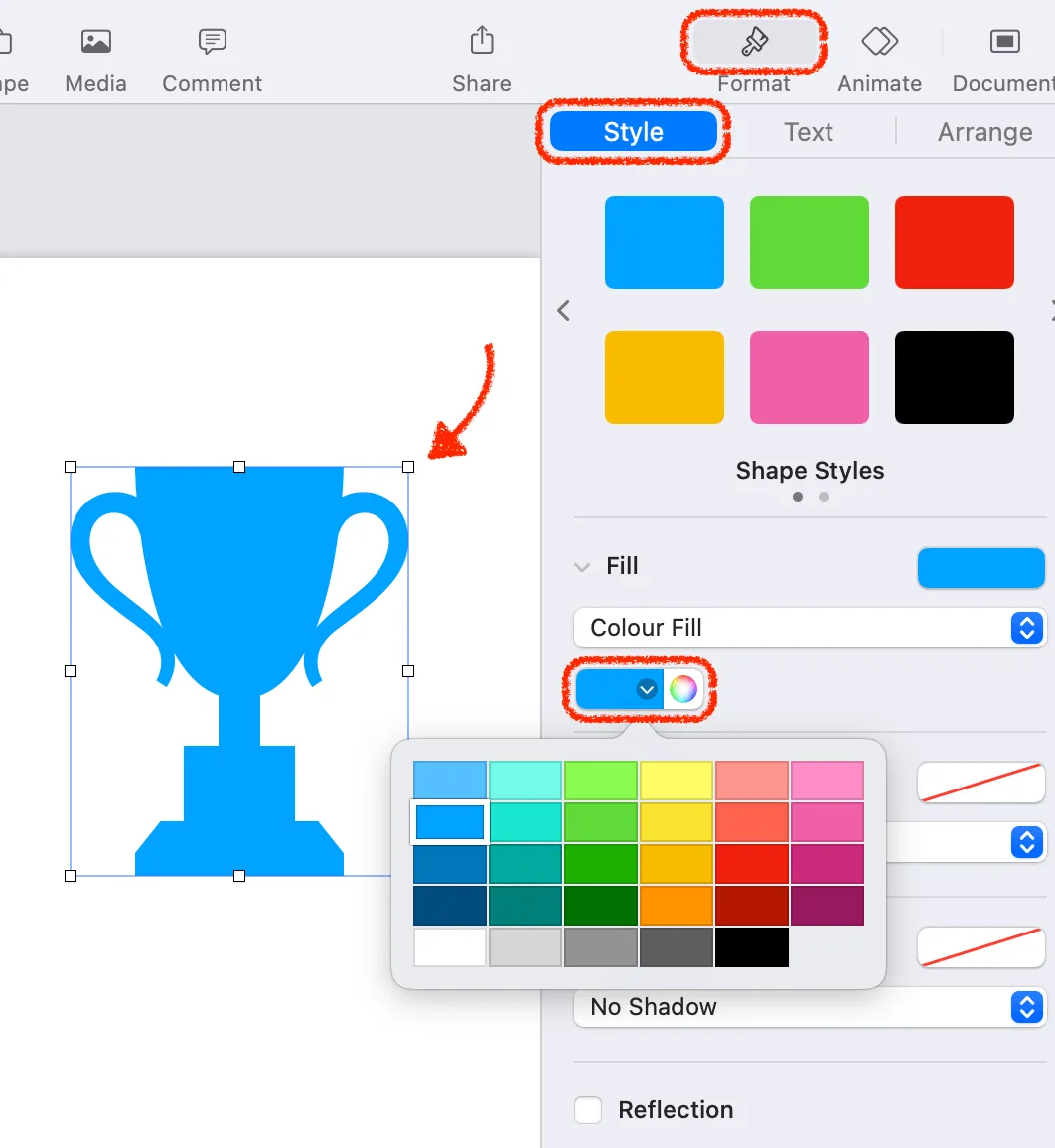 changing the color of shape vector graphics in keynote