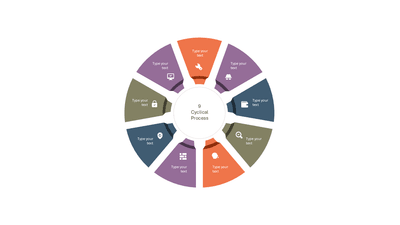 9 Step Cyclical Process Pie Wheel with Icons — Cycle Infographics slide template