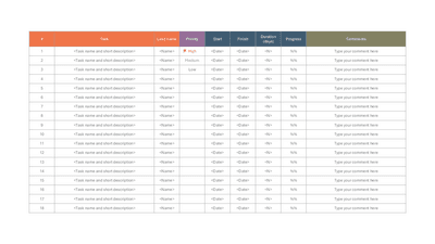 Task List Table 18 Rows Priority High Medium Low Progress Tracker Template